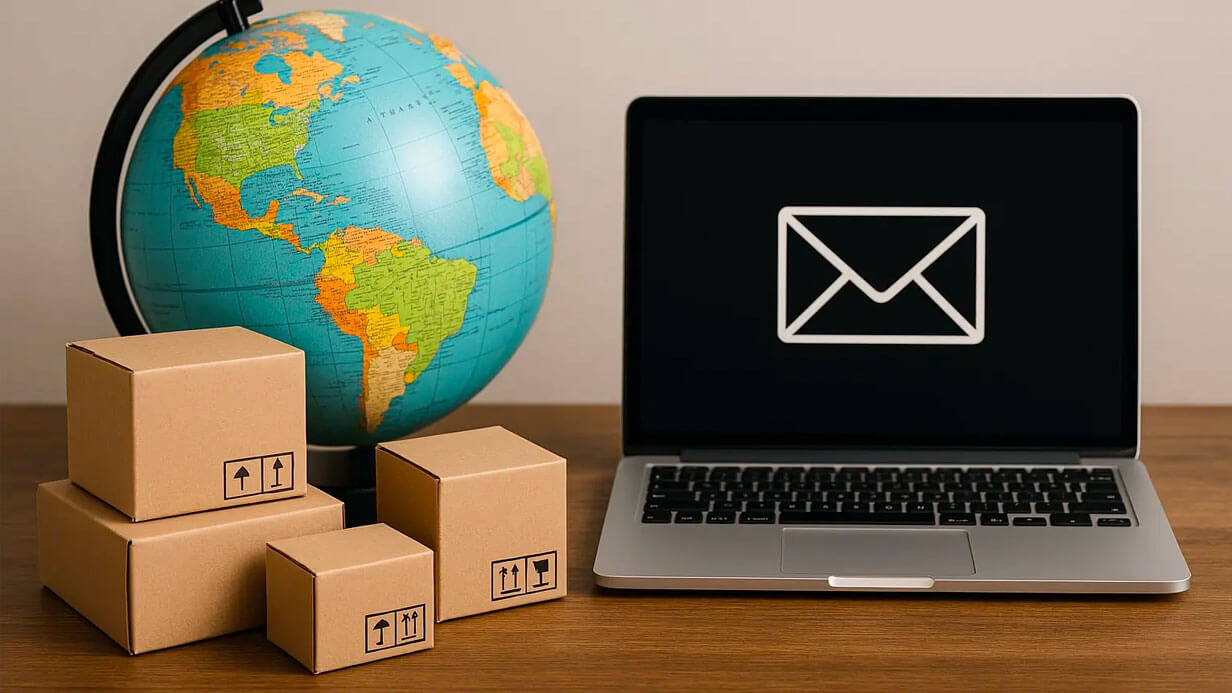 Symbolbild internationale Adressprüfung: Globus, gestapelte Pakete und Laptop mit E-Mail-Symbol