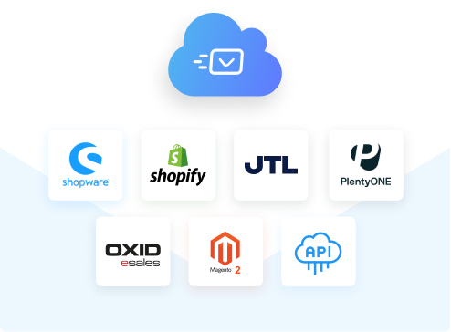 Icons der Shopsysteme, die endereco unterstützt: Shopware, OXID, JTL, Magento, PlentyMarkets, Shopify und API